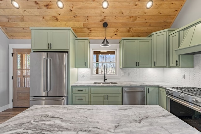 kitchen featuring light stone counters, a sink, high quality appliances, wooden ceiling, and green cabinetry