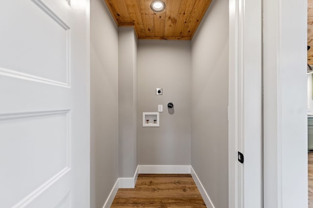 laundry room featuring washer hookup, wood ceiling, electric dryer hookup, wood finished floors, and laundry area