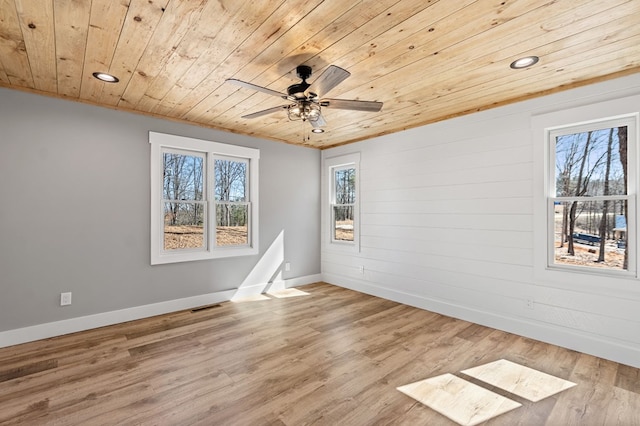 unfurnished room featuring visible vents, wood ceiling, ceiling fan, wood finished floors, and baseboards