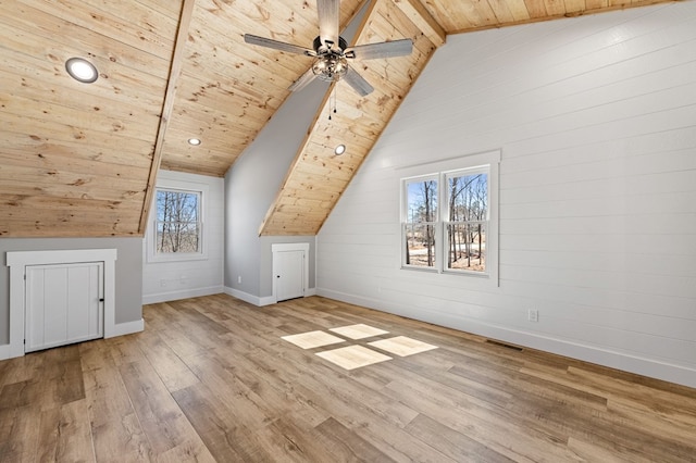 bonus room with visible vents, lofted ceiling with beams, wood finished floors, wooden ceiling, and baseboards