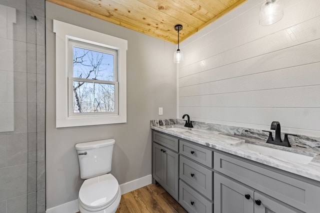 bathroom featuring wood ceiling, a sink, toilet, and wood finished floors