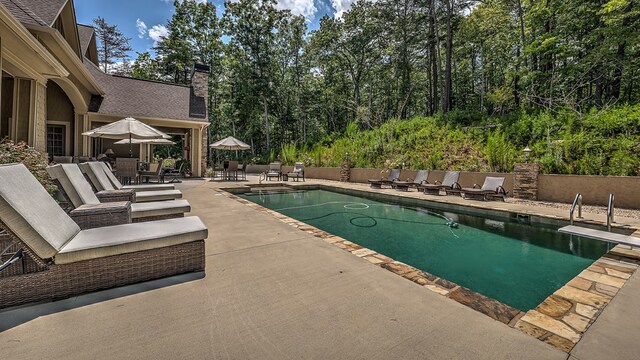 pool featuring a patio area, an outdoor structure, and a storage unit