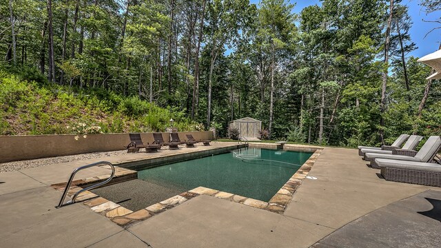 view of patio / terrace with a storage shed, outdoor dining area, an outdoor pool, and an outdoor structure