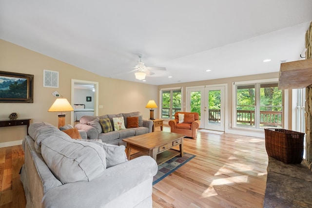 76 Misty River Ln, Hayesville, NC 28904 - living area featuring light wood-style flooring, ceiling fan, recessed lighting, and vaulted ceiling