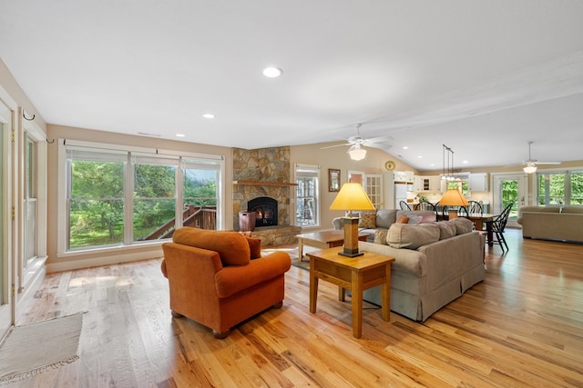 76 Misty River Ln, Hayesville, NC 28904 - living room featuring a ceiling fan, light wood finished floors, lofted ceiling, a fireplace, and recessed lighting