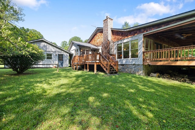 76 Misty River Ln, Hayesville, NC 28904 - back of property with a wooden deck, a chimney, stairway, and a yard