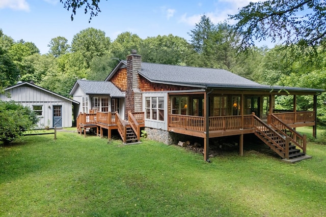 76 Misty River Ln, Hayesville, NC 28904 - back of property with stairs, a chimney, a deck, and roof with shingles