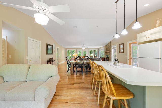 76 Misty River Ln, Hayesville, NC 28904 - living area with a ceiling fan, lofted ceiling, light wood finished floors, and recessed lighting