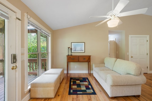 76 Misty River Ln, Hayesville, NC 28904 - living room featuring lofted ceiling, wood finished floors, and ceiling fan