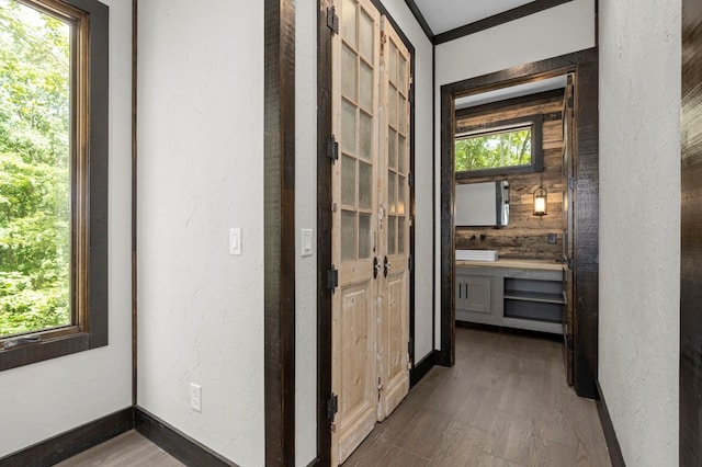 hallway with dark wood-type flooring and plenty of natural light