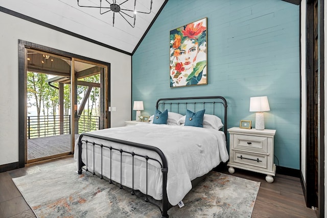 bedroom with access to outside, high vaulted ceiling, and dark hardwood / wood-style flooring