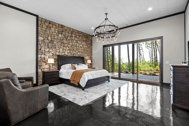 bedroom with wood ceiling, access to outside, a chandelier, ornamental molding, and a stone fireplace