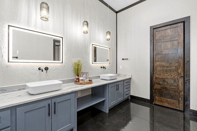 bathroom featuring vanity, crown molding, and concrete floors