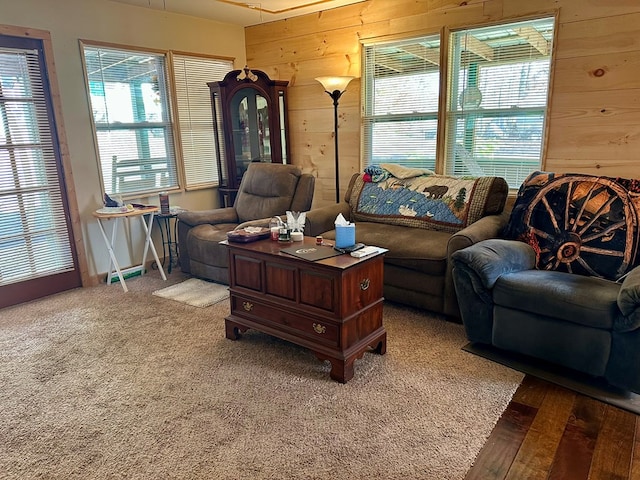 living room featuring hardwood / wood-style flooring and wooden walls