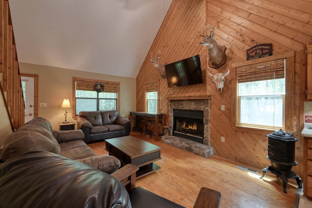 119 Blair Oaks Dr, Blairsville, GA 30512 - living area with high vaulted ceiling, wood finished floors, wood walls, and a fireplace