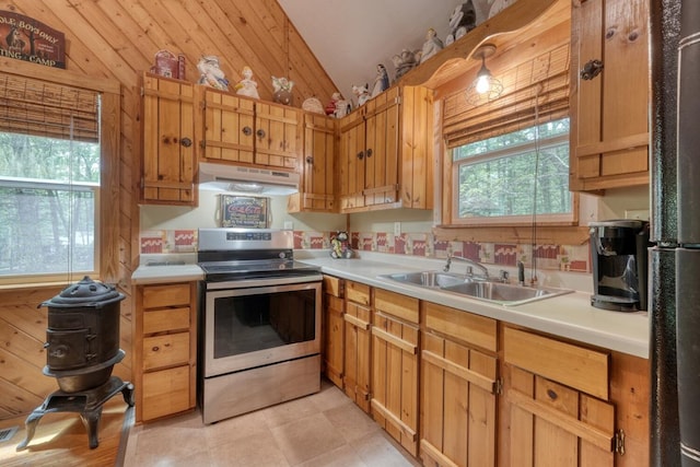 119 Blair Oaks Dr, Blairsville, GA 30512 - kitchen featuring electric stove, under cabinet range hood, lofted ceiling, light countertops, and freestanding refrigerator