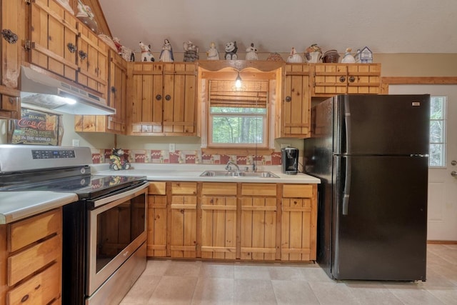 119 Blair Oaks Dr, Blairsville, GA 30512 - kitchen with freestanding refrigerator, electric range, under cabinet range hood, and light countertops