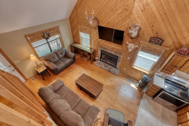 119 Blair Oaks Dr, Blairsville, GA 30512 - living room with healthy amount of natural light, wood finished floors, wooden walls, and a fireplace