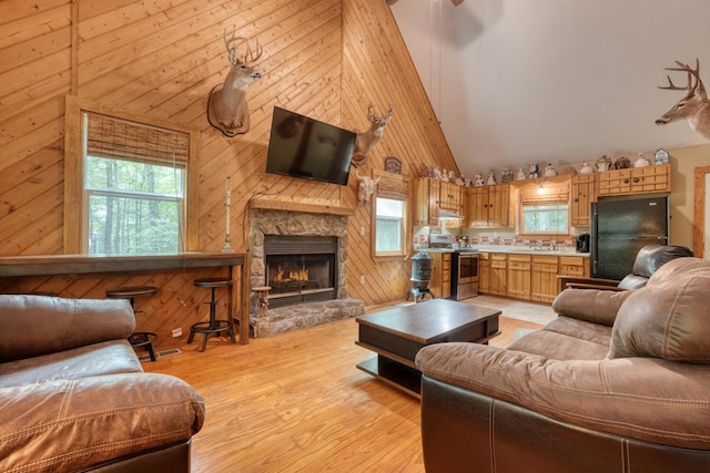 119 Blair Oaks Dr, Blairsville, GA 30512 - living area with high vaulted ceiling, plenty of natural light, light wood-style floors, a stone fireplace, and wood walls