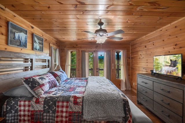 bedroom with access to exterior, dark wood-type flooring, wooden ceiling, and ceiling fan