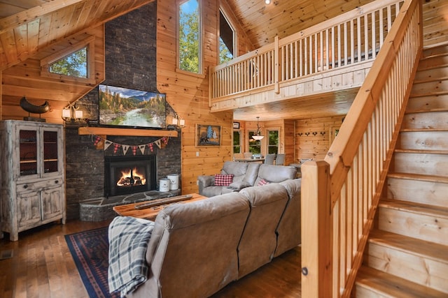 living room featuring high vaulted ceiling, dark hardwood / wood-style floors, wooden ceiling, and wood walls