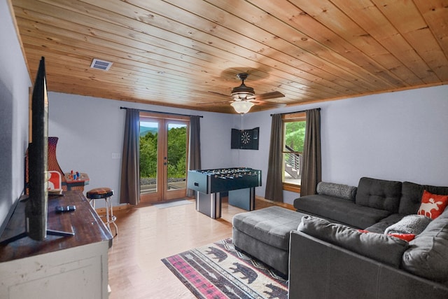 living room featuring ceiling fan, a healthy amount of sunlight, wood ceiling, and light wood-type flooring