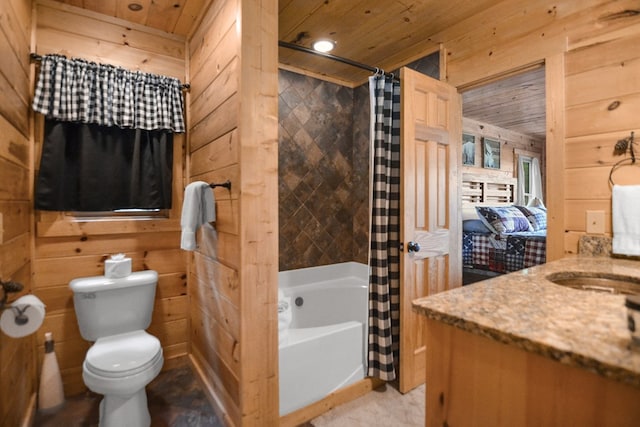 full bathroom featuring wood ceiling, vanity, shower / bathtub combination with curtain, and wood walls