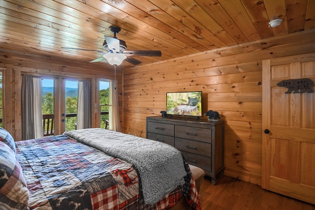 bedroom featuring wood ceiling, wood-type flooring, access to outside, wooden walls, and ceiling fan