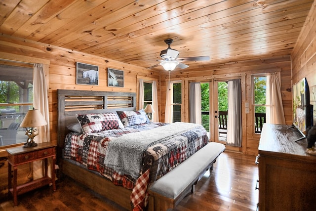 bedroom with access to exterior, wood ceiling, hardwood / wood-style floors, and ceiling fan