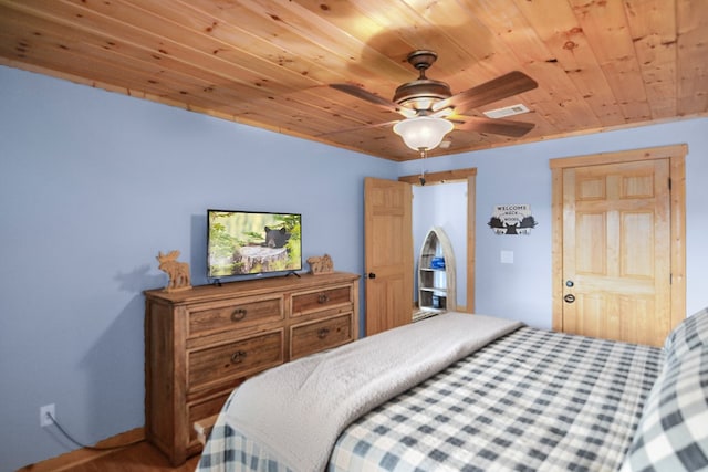 bedroom featuring ceiling fan and wooden ceiling