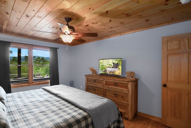 bedroom with hardwood / wood-style flooring, wooden ceiling, and ceiling fan