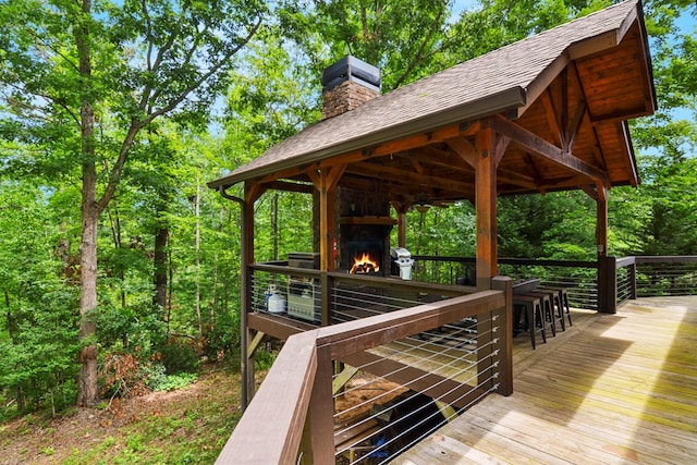 deck featuring a fireplace