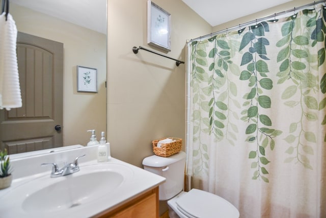 bathroom featuring toilet, vanity, and a shower with shower curtain