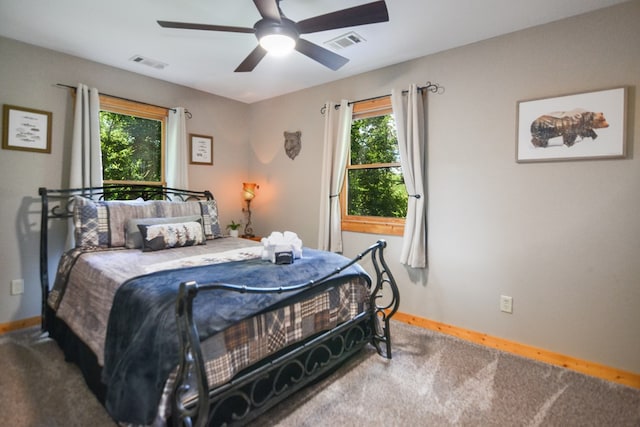 bedroom featuring carpet, multiple windows, and baseboards
