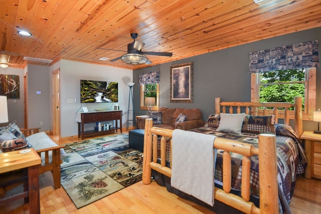 living area with wood finished floors, wood ceiling, and a ceiling fan