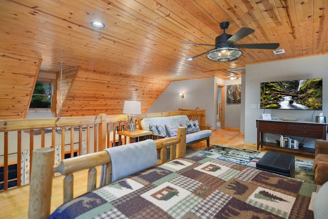 bedroom with wooden ceiling, baseboards, vaulted ceiling, and recessed lighting