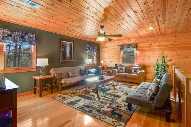 living room featuring wood ceiling, wood finished floors, plenty of natural light, ceiling fan, and wood walls