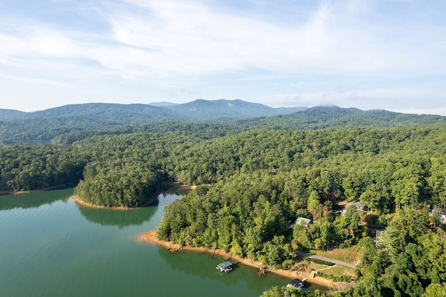 aerial view featuring a water and mountain view and a wooded view