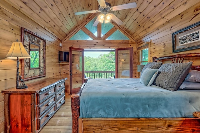 bedroom featuring light wood-type flooring, access to outside, wooden ceiling, and wood walls