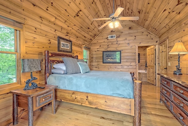 bedroom featuring ceiling fan, light wood-type flooring, multiple windows, and wood ceiling