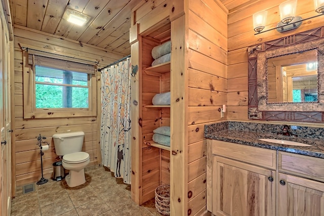 bathroom with walk in shower, wood walls, toilet, vanity, and wood ceiling