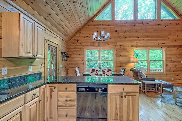 kitchen with black dishwasher, dark stone counters, wooden walls, and wood ceiling