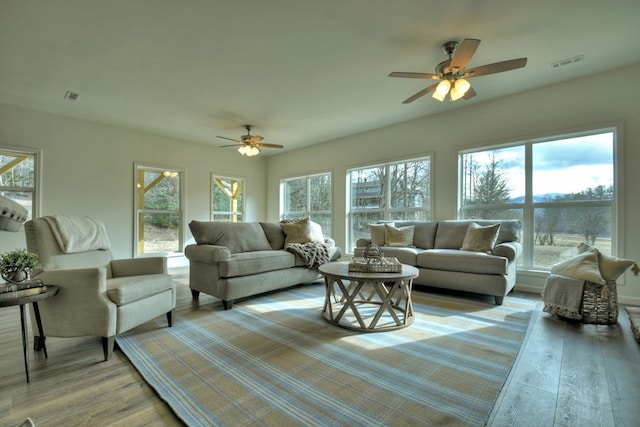 living room with ceiling fan, light hardwood / wood-style flooring, and a healthy amount of sunlight