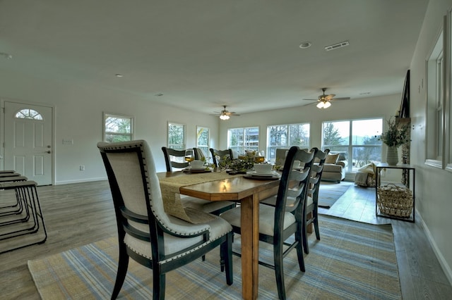 dining area featuring wood-type flooring and a wealth of natural light