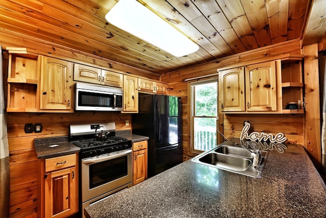 kitchen featuring stainless steel appliances, open shelves, a sink, wooden walls, and wooden ceiling