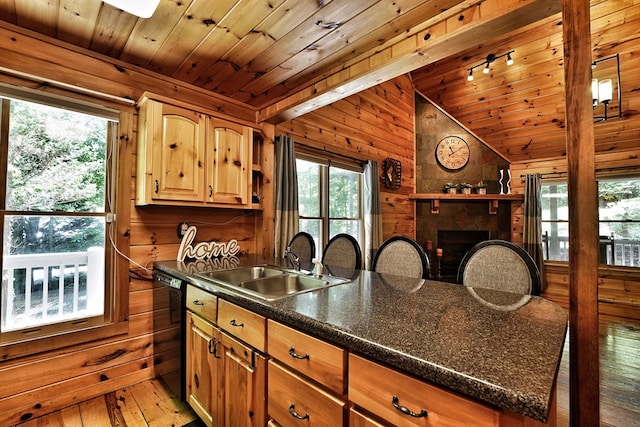 kitchen with lofted ceiling, a sink, wood walls, wooden ceiling, and a fireplace