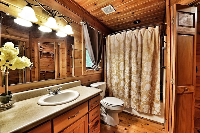 bathroom with toilet, vanity, wooden walls, wooden ceiling, and hardwood / wood-style floors