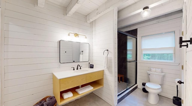 bathroom with vanity, a shower with door, wooden walls, beam ceiling, and toilet