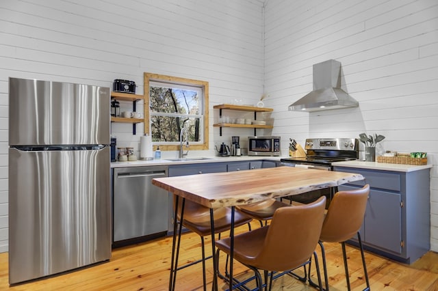 kitchen with sink, wall chimney exhaust hood, light hardwood / wood-style flooring, blue cabinets, and appliances with stainless steel finishes