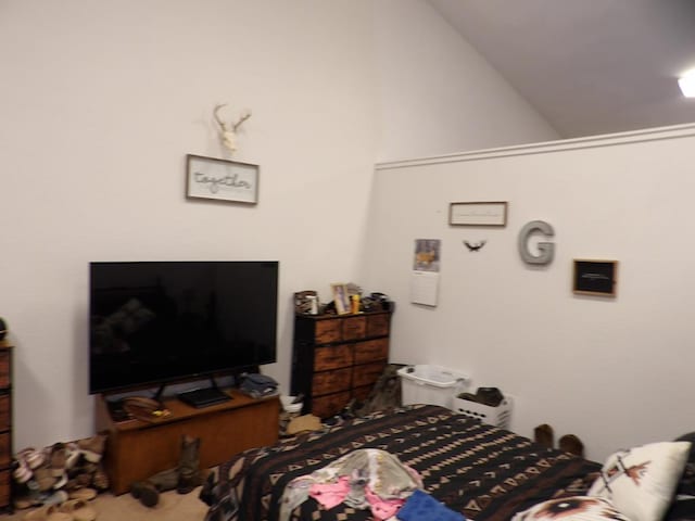 carpeted bedroom with lofted ceiling